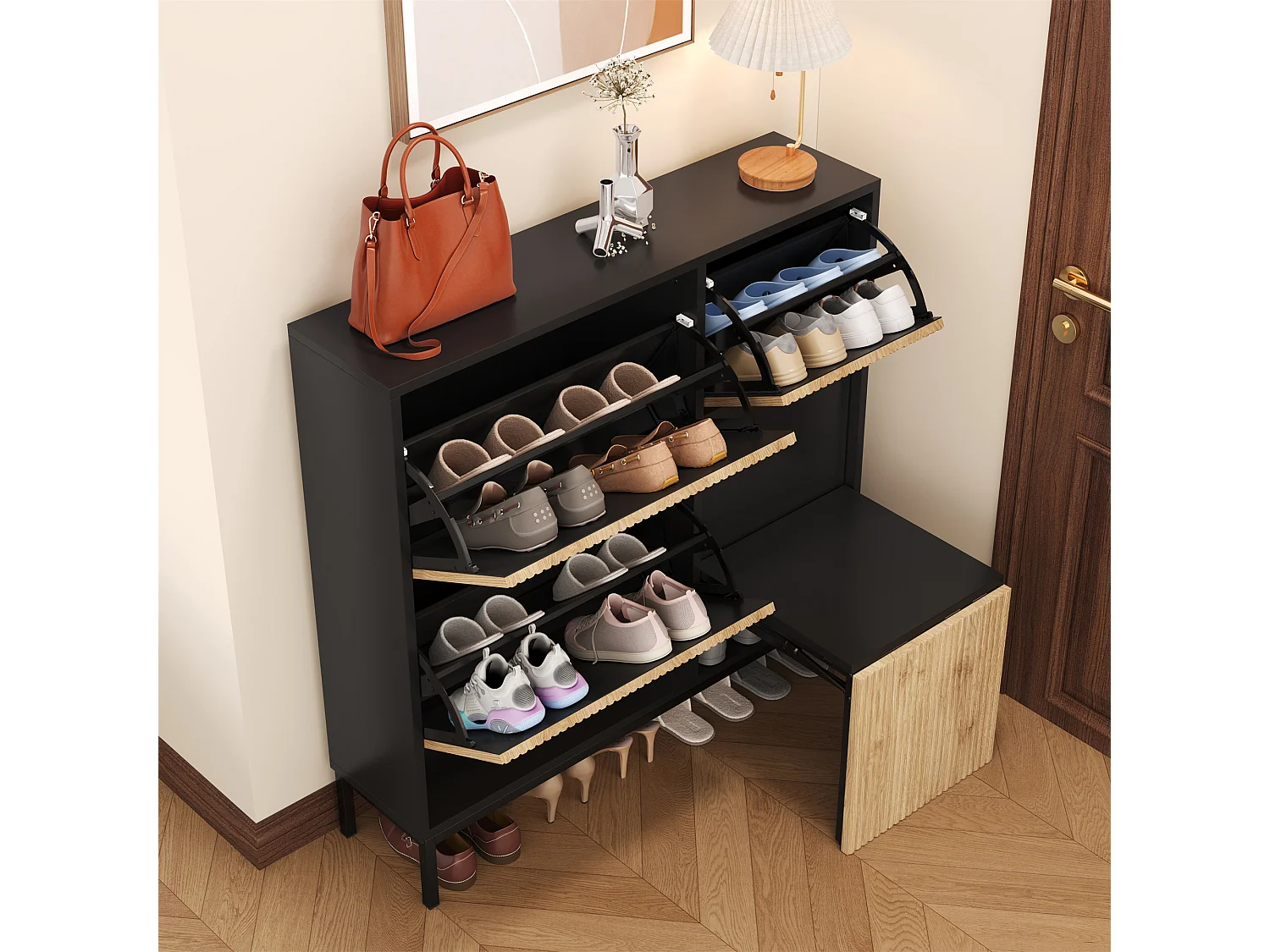 Scarpiera a 3 ante, panca scorrevole, 3 ante per 12-16 paia - MDF - 100 x 25 x 100 cm - Nero e legno naturale