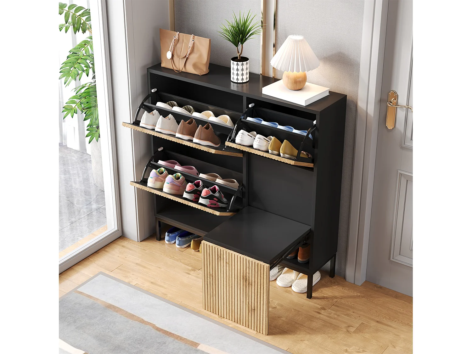Scarpiera a 3 ante, panca scorrevole, 3 ante per 12-16 paia - MDF - 100 x 25 x 100 cm - Nero e legno naturale
