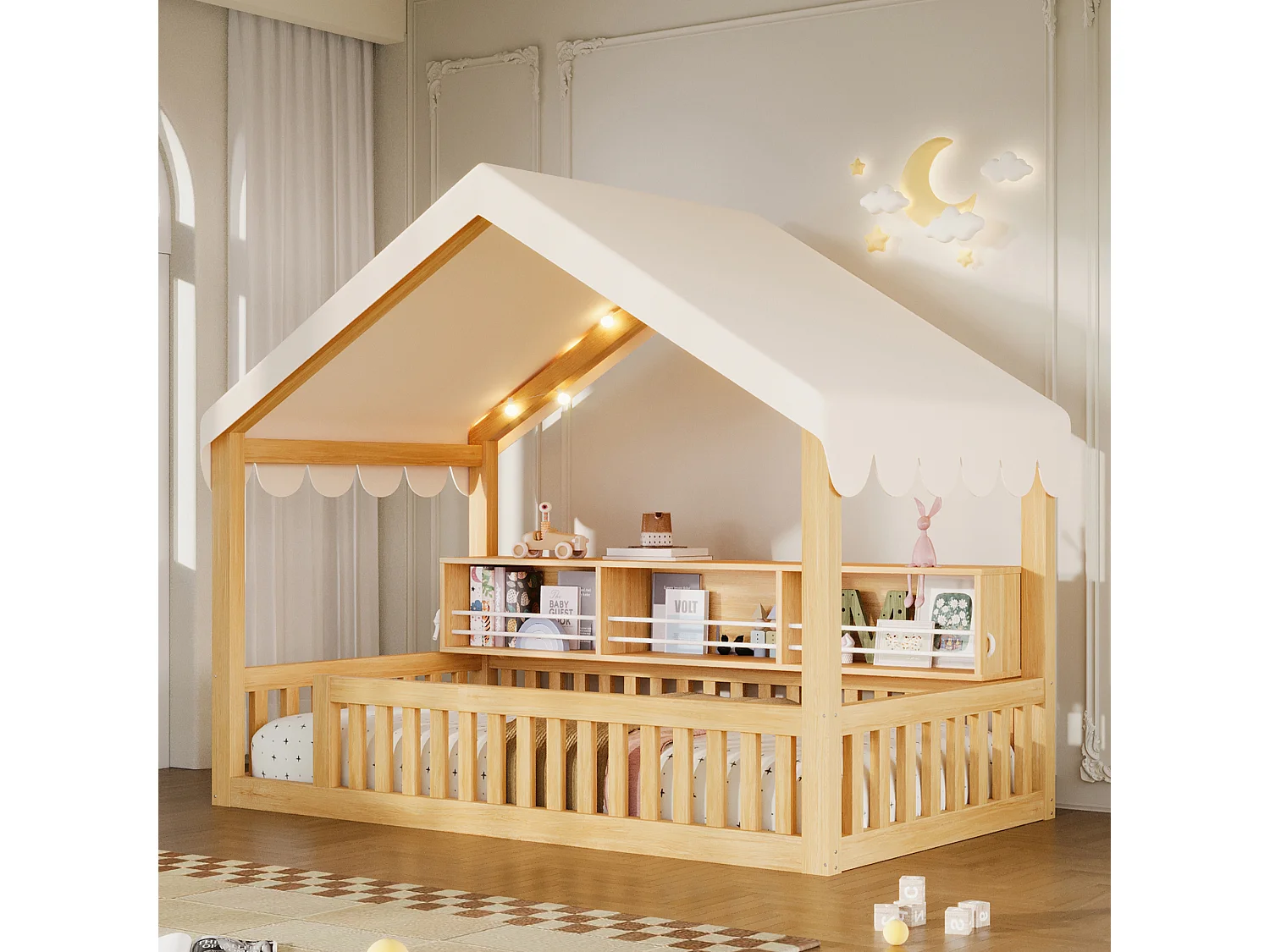 Lit cabane enfant 90 x 200 cm avec rideau, LED, étagère et barrière de sécurité - MDF et pin - Naturel (Sans matelas)