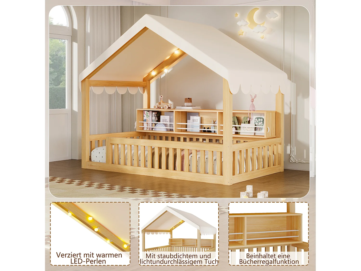 Lit cabane enfant 90 x 200 cm avec rideau, LED, étagère et barrière de sécurité - MDF et pin - Naturel (Sans matelas)