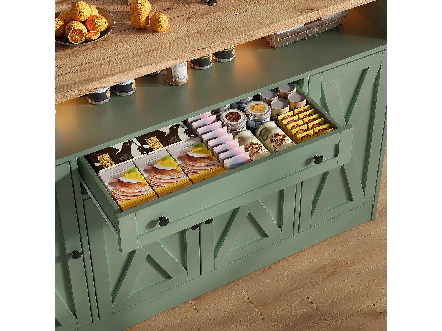 Kitchen sideboard with LED lighting, 1 drawer, door shelves and 4 barn doors - MDF - 140 x 35 x 95 cm - Green