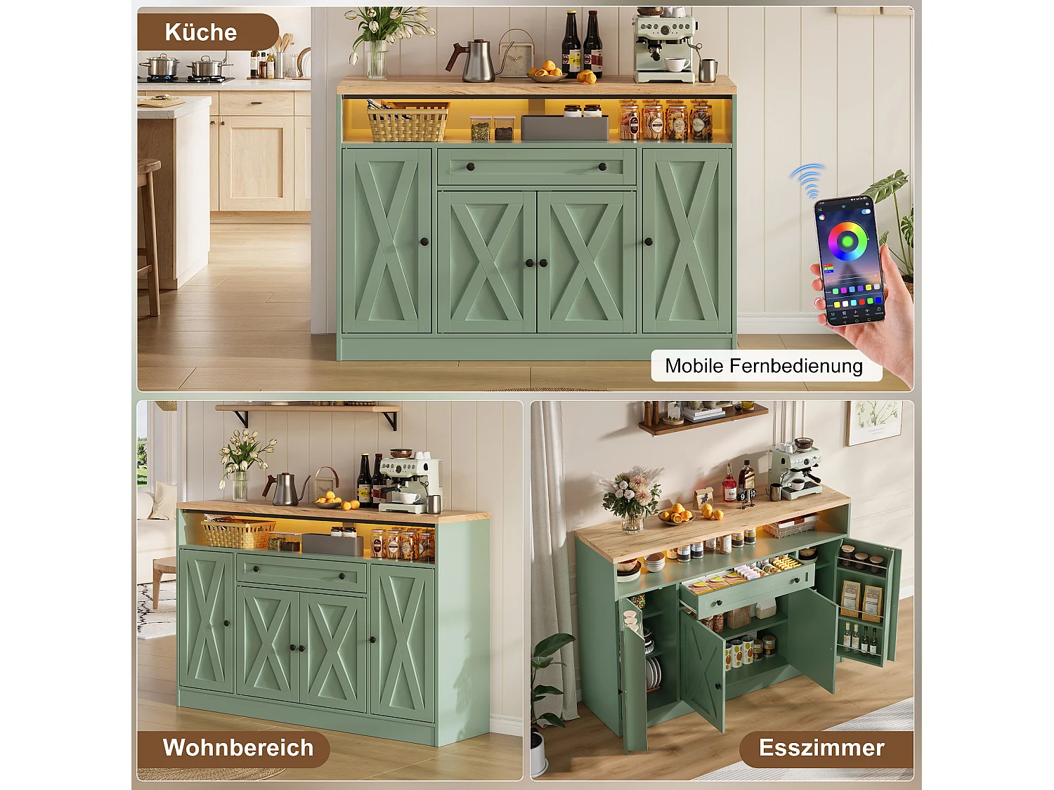 Kitchen sideboard with LED lighting, 1 drawer, door shelves and 4 barn doors - MDF - 140 x 35 x 95 cm - Green