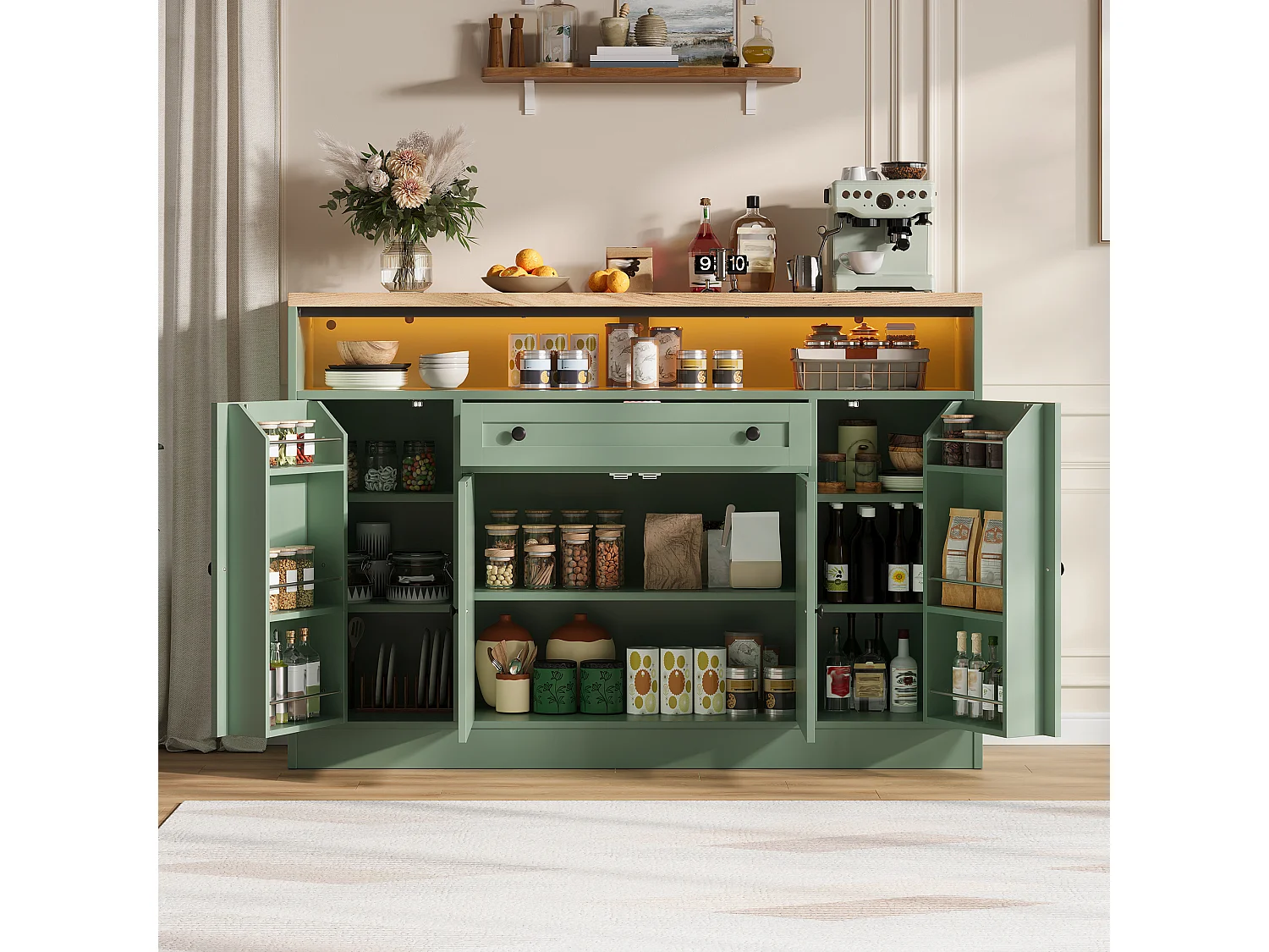 Kitchen sideboard with LED lighting, 1 drawer, door shelves and 4 barn doors - MDF - 140 x 35 x 95 cm - Green