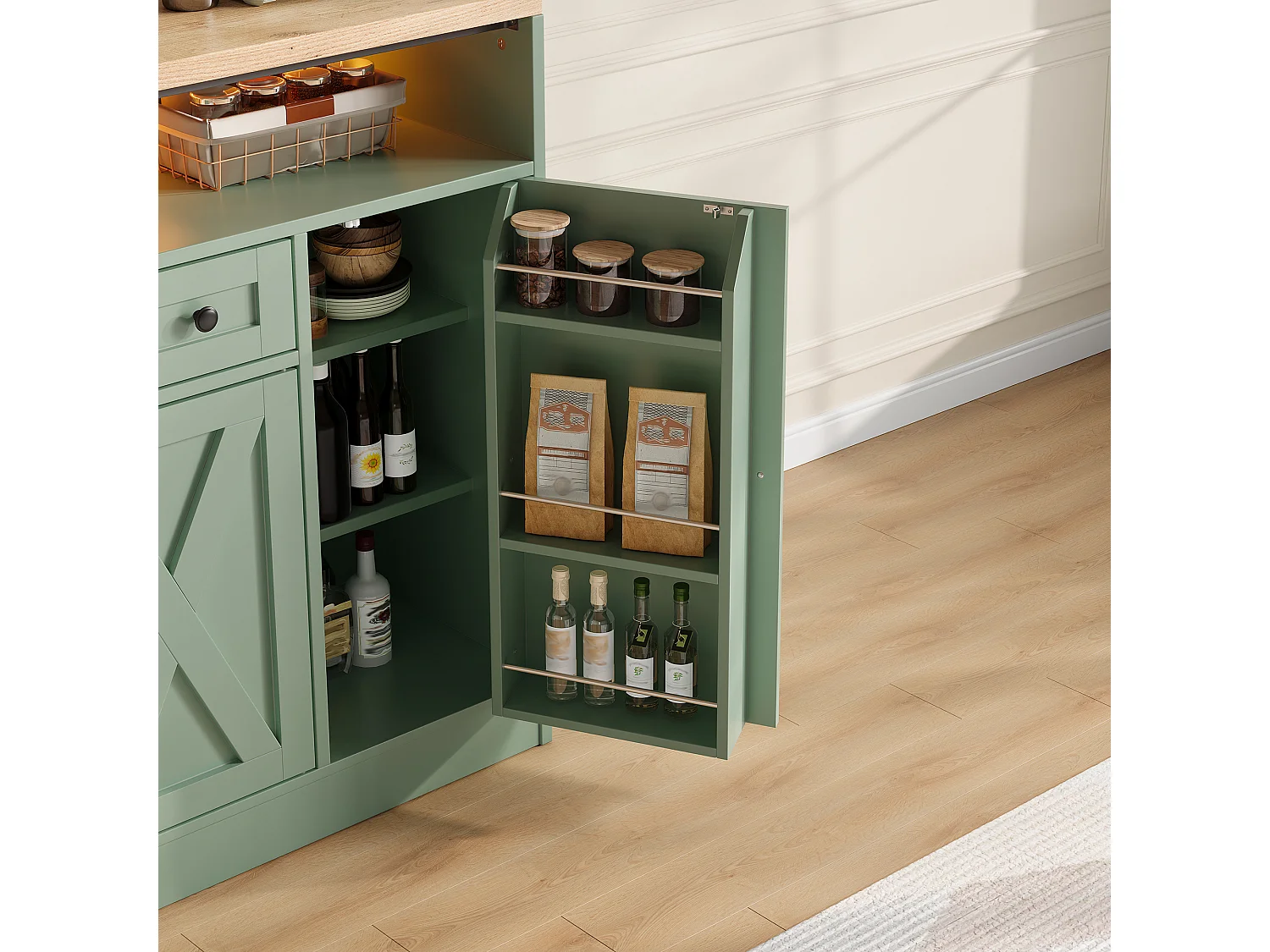 Kitchen sideboard with LED lighting, 1 drawer, door shelves and 4 barn doors - MDF - 140 x 35 x 95 cm - Green