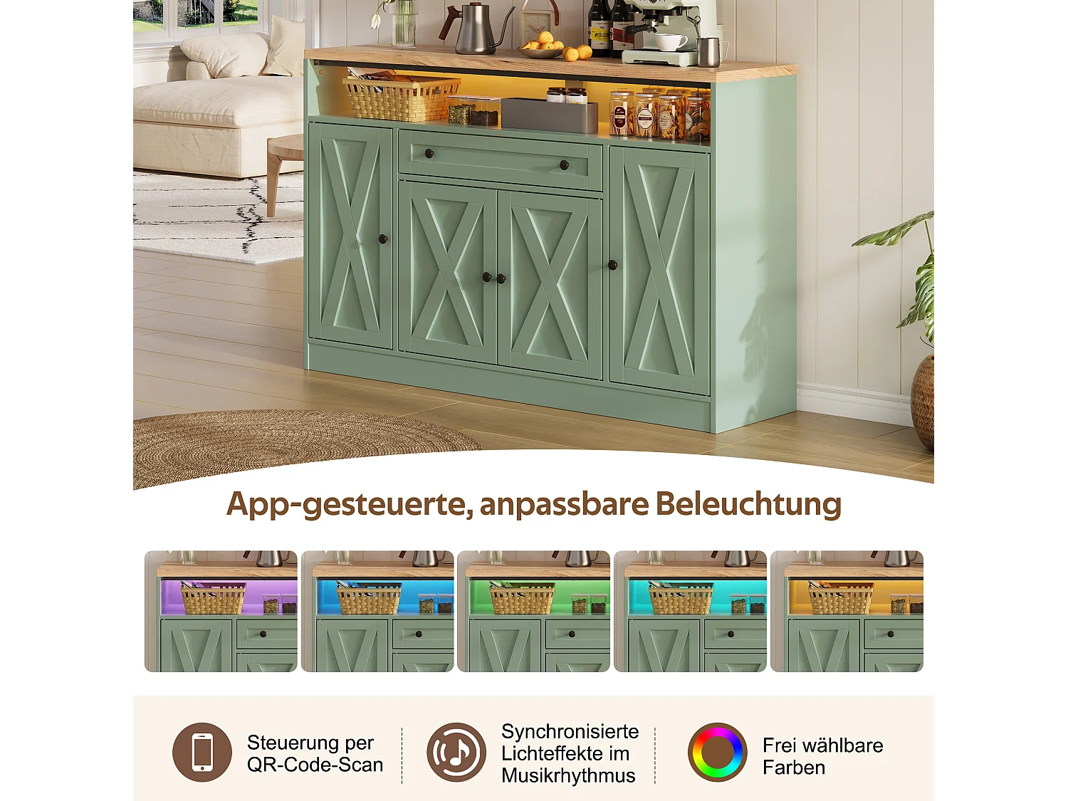Kitchen sideboard with LED lighting, 1 drawer, door shelves and 4 barn doors - MDF - 140 x 35 x 95 cm - Green