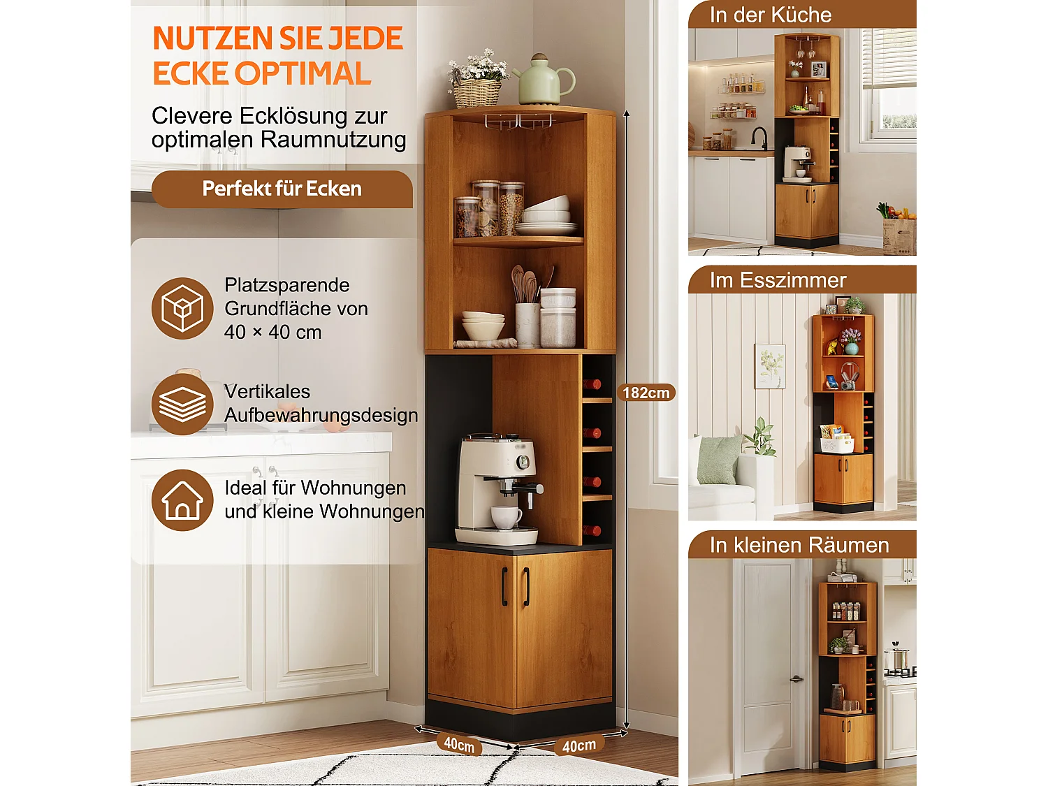 Buffet de cuisine avec 2 portes, porte-verres, 4 casiers à bouteilles, étagères et placard - MDF - 40 x 40 x 182 cm - Naturel