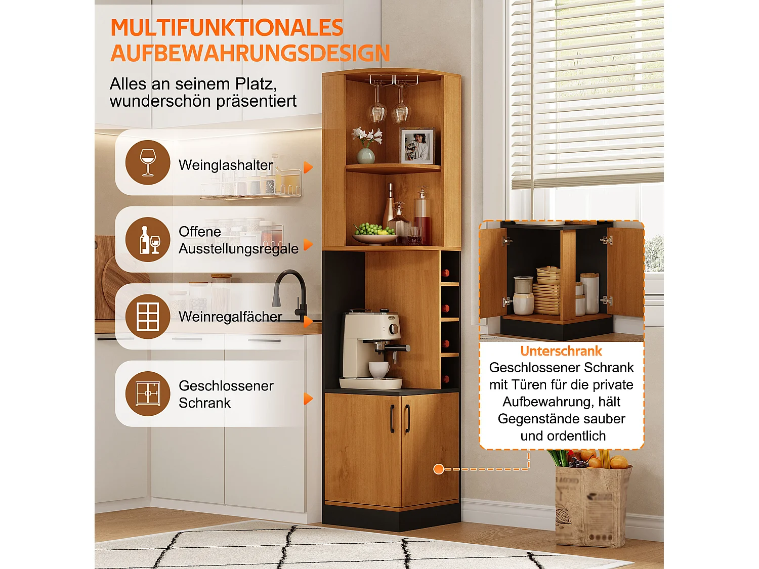 Buffet de cuisine avec 2 portes, porte-verres, 4 casiers à bouteilles, étagères et placard - MDF - 40 x 40 x 182 cm - Naturel