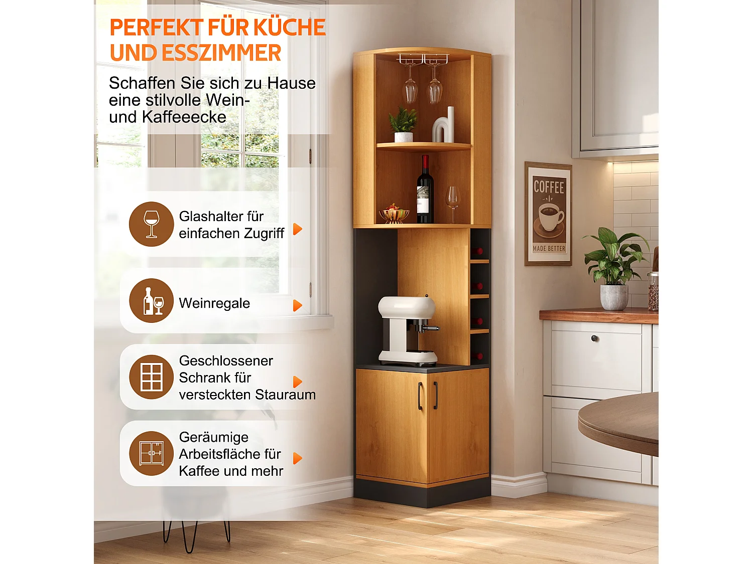 Buffet de cuisine avec 2 portes, porte-verres, 4 casiers à bouteilles, étagères et placard - MDF - 40 x 40 x 182 cm - Naturel