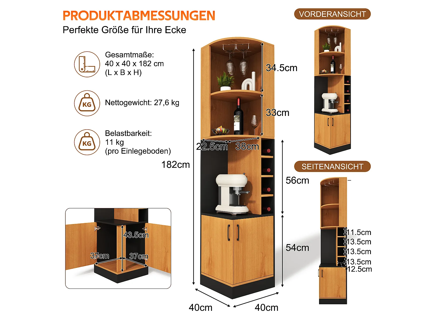 Buffet de cuisine avec 2 portes, porte-verres, 4 casiers à bouteilles, étagères et placard - MDF - 40 x 40 x 182 cm - Naturel