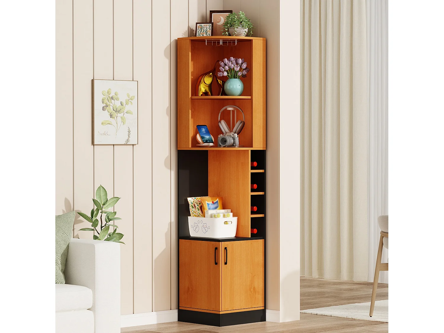 Buffet de cuisine avec 2 portes, porte-verres, 4 casiers à bouteilles, étagères et placard - MDF - 40 x 40 x 182 cm - Naturel