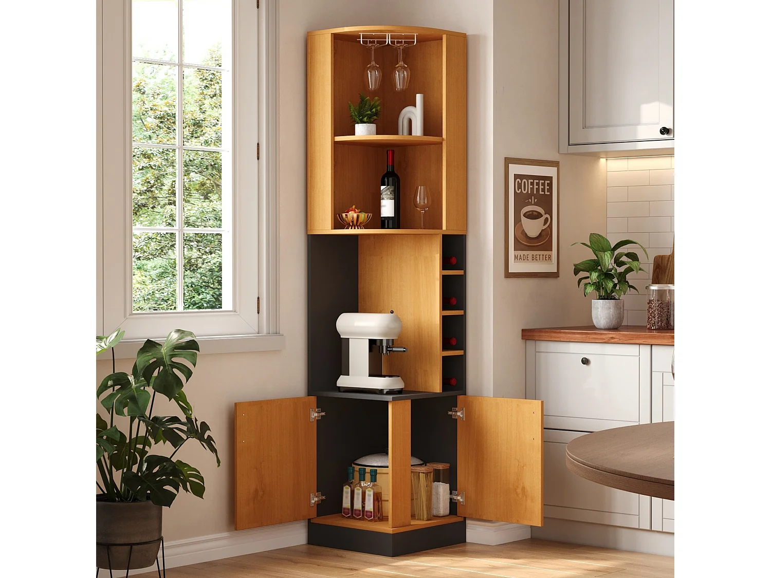 Buffet de cuisine avec 2 portes, porte-verres, 4 casiers à bouteilles, étagères et placard - MDF - 40 x 40 x 182 cm - Naturel