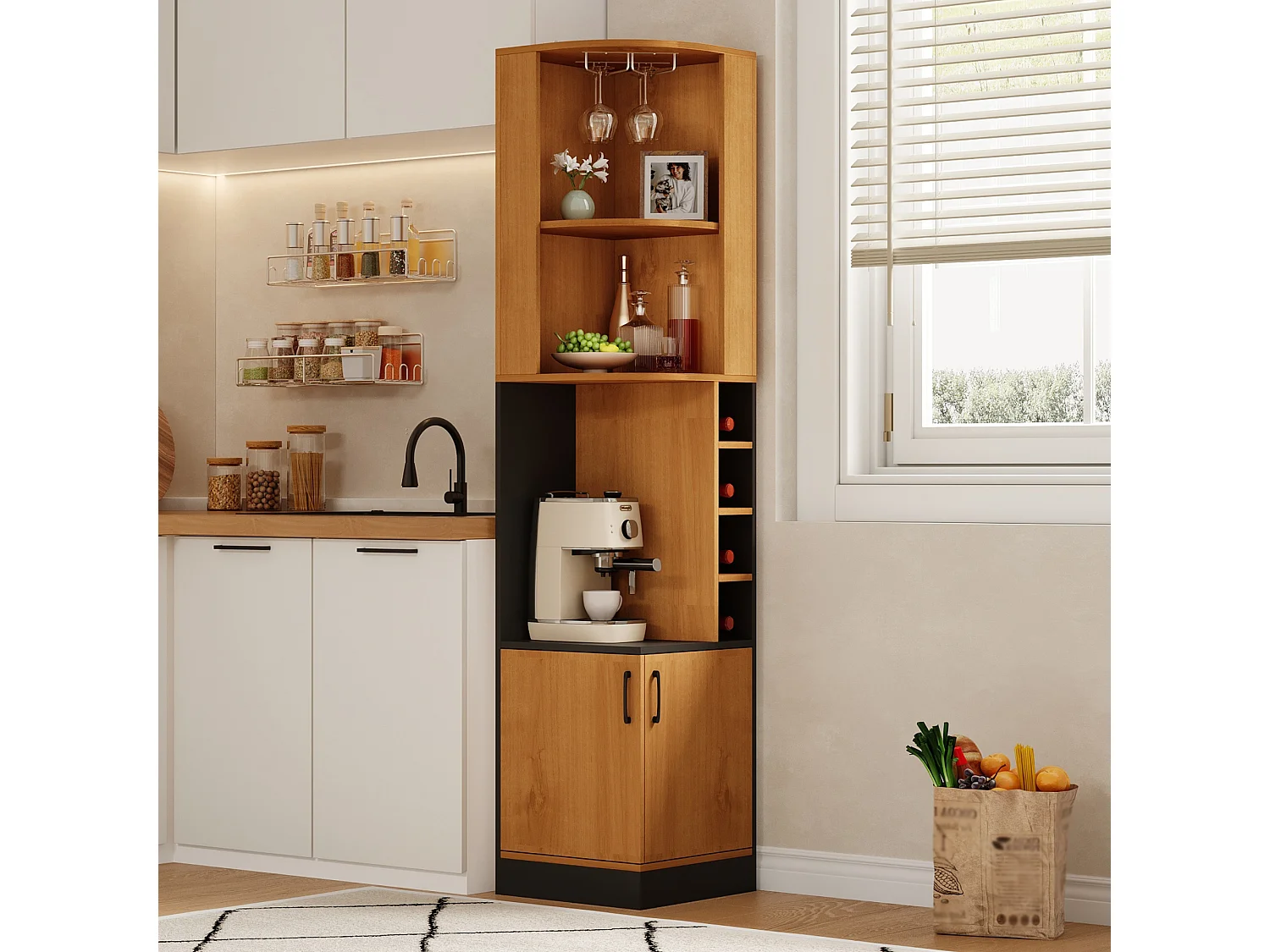 Buffet de cuisine avec 2 portes, porte-verres, 4 casiers à bouteilles, étagères et placard - MDF - 40 x 40 x 182 cm - Naturel