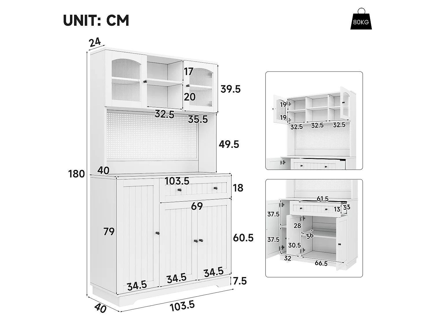 Küchenschrank mit 5 Türen, 1 Schublade, 1 Auszugsschublade und Lochwand – Spanplatte – 103,5 x 40 x 180 cm – Weiß