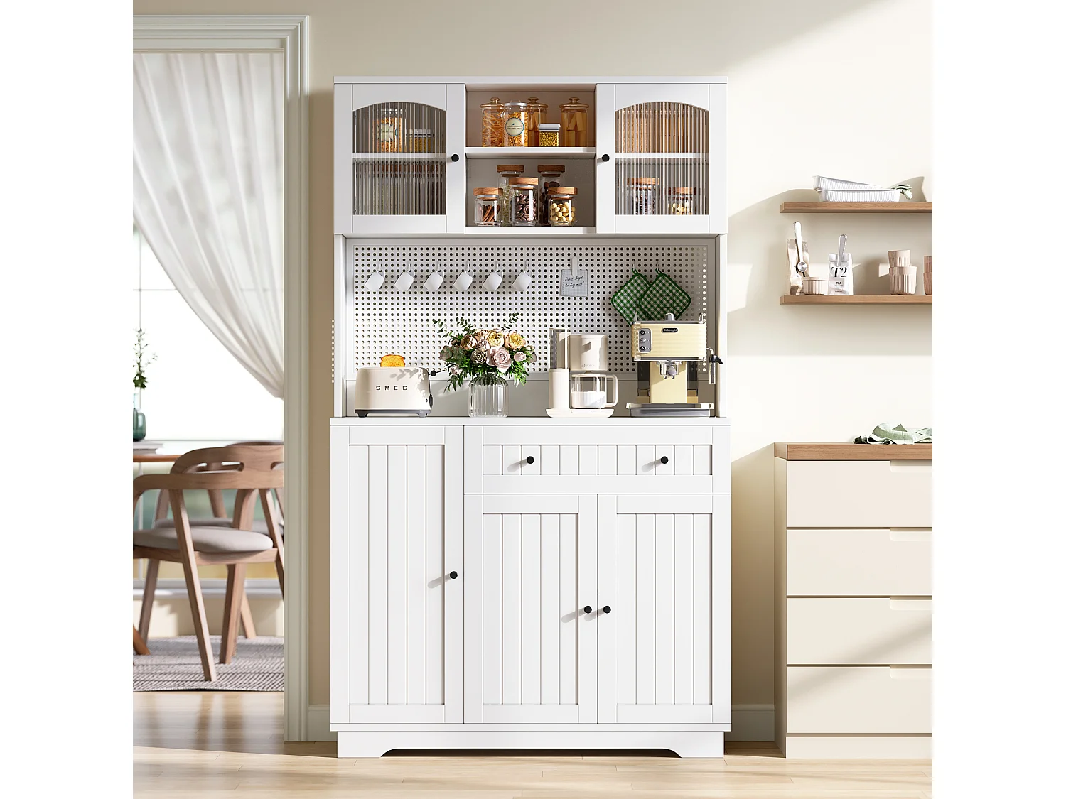 Küchenschrank mit 5 Türen, 1 Schublade, 1 Auszugsschublade und Lochwand – Spanplatte – 103,5 x 40 x 180 cm – Weiß
