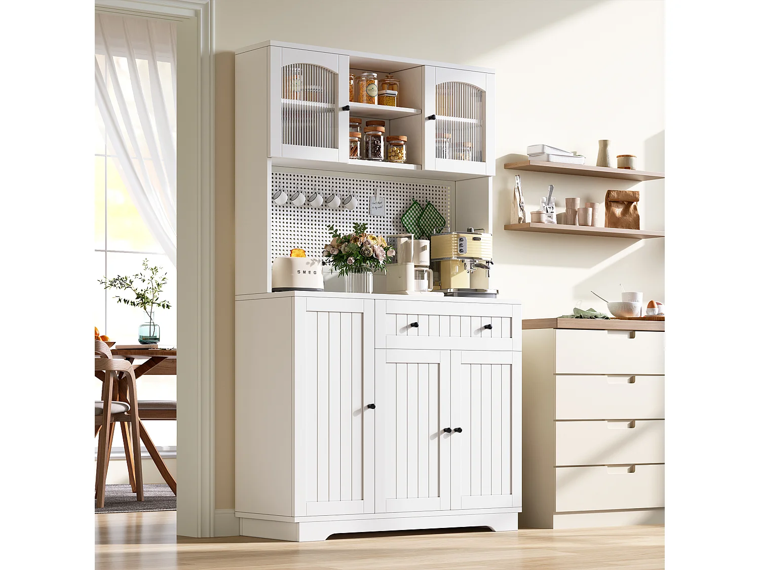 Küchenschrank mit 5 Türen, 1 Schublade, 1 Auszugsschublade und Lochwand – Spanplatte – 103,5 x 40 x 180 cm – Weiß