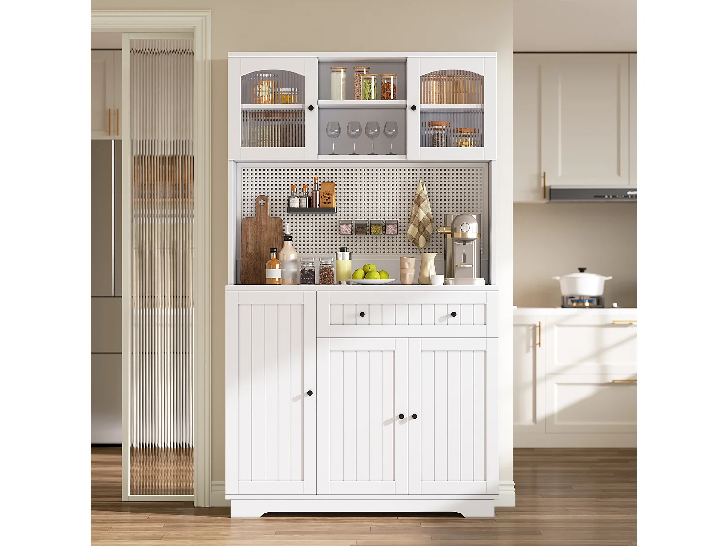 Küchenschrank mit 5 Türen, 1 Schublade, 1 Auszugsschublade und Lochwand – Spanplatte – 103,5 x 40 x 180 cm – Weiß