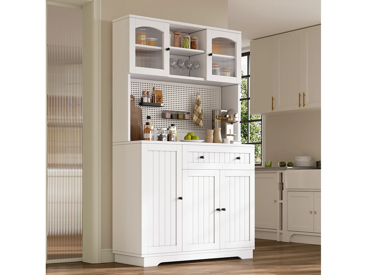 Küchenschrank mit 5 Türen, 1 Schublade, 1 Auszugsschublade und Lochwand – Spanplatte – 103,5 x 40 x 180 cm – Weiß