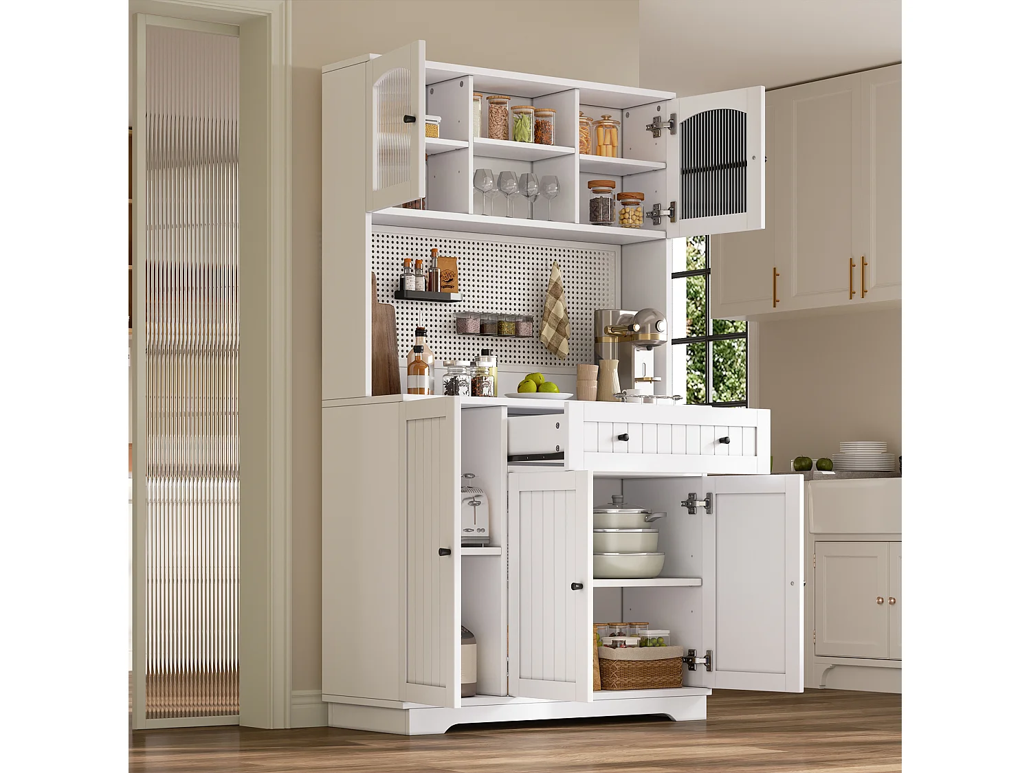 Küchenschrank mit 5 Türen, 1 Schublade, 1 Auszugsschublade und Lochwand – Spanplatte – 103,5 x 40 x 180 cm – Weiß