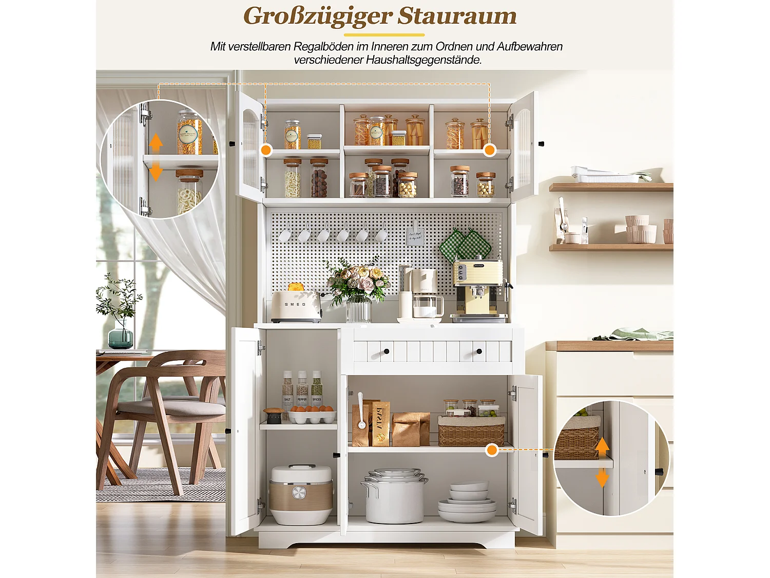 Küchenschrank mit 5 Türen, 1 Schublade, 1 Auszugsschublade und Lochwand – Spanplatte – 103,5 x 40 x 180 cm – Weiß