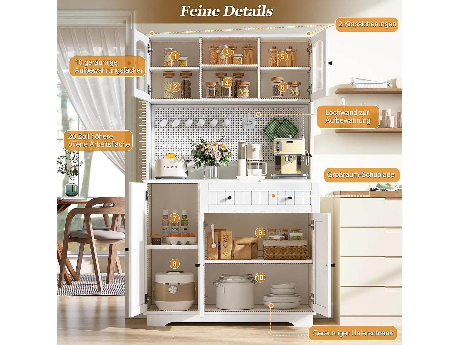 Küchenschrank mit 5 Türen, 1 Schublade, 1 Auszugsschublade und Lochwand – Spanplatte – 103,5 x 40 x 180 cm – Weiß