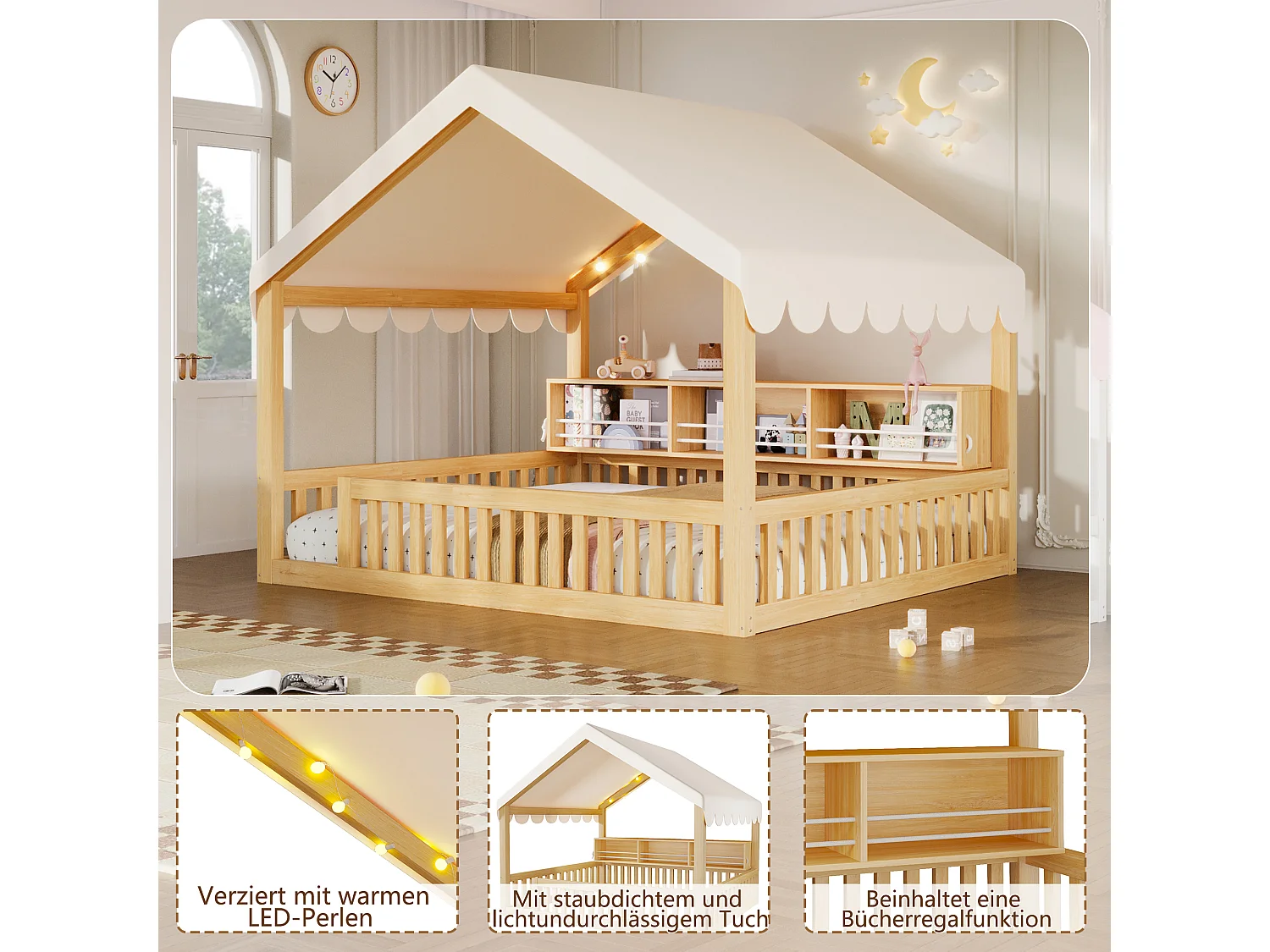 Lit cabane enfant 140 x 200 cm avec rideau, LED, étagère et barrière de sécurité - MDF et pin - Naturel (Sans matelas)