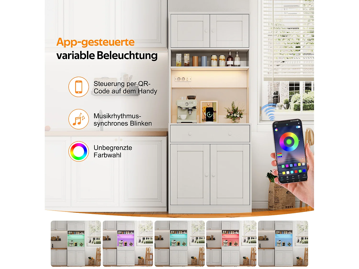 Hohes Küchen-Sideboard mit RGB-LED-Beleuchtung, 2 Steckdosen, 2 USB-Anschlüssen, 1 großer Schublade und 4 Türen – MDF – 72 x 40 x 180 cm – Weiß