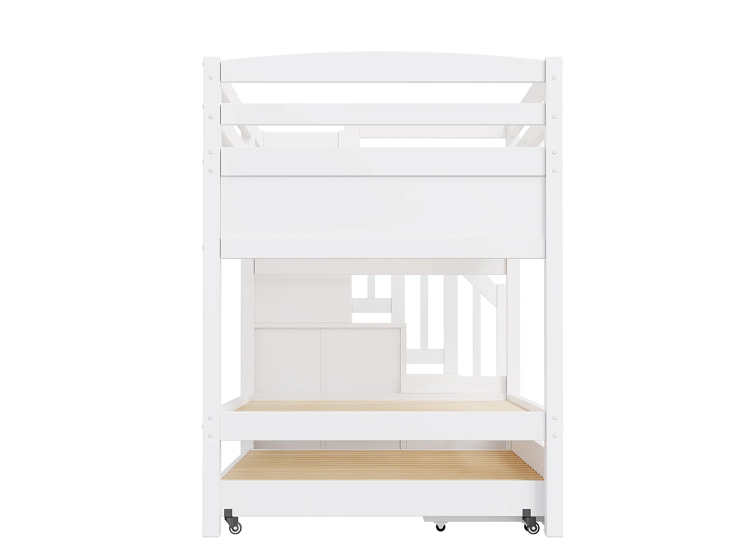 Beliche 2 x 90 x 200 cm com cama auxiliar, 2 gavetas, escada com 4 espaços de armazenamento e guarda-roupa - MDF e pinho - Branco
