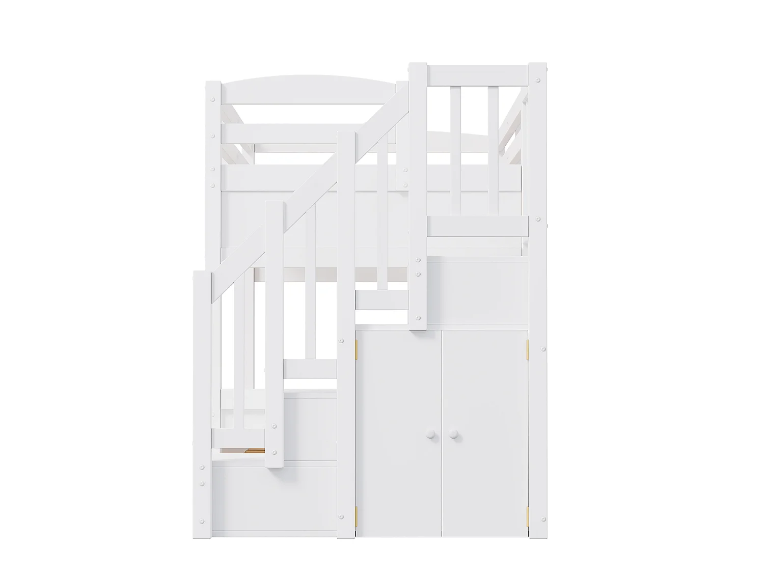 Beliche 2 x 90 x 200 cm com cama auxiliar, 2 gavetas, escada com 4 espaços de armazenamento e guarda-roupa - MDF e pinho - Branco