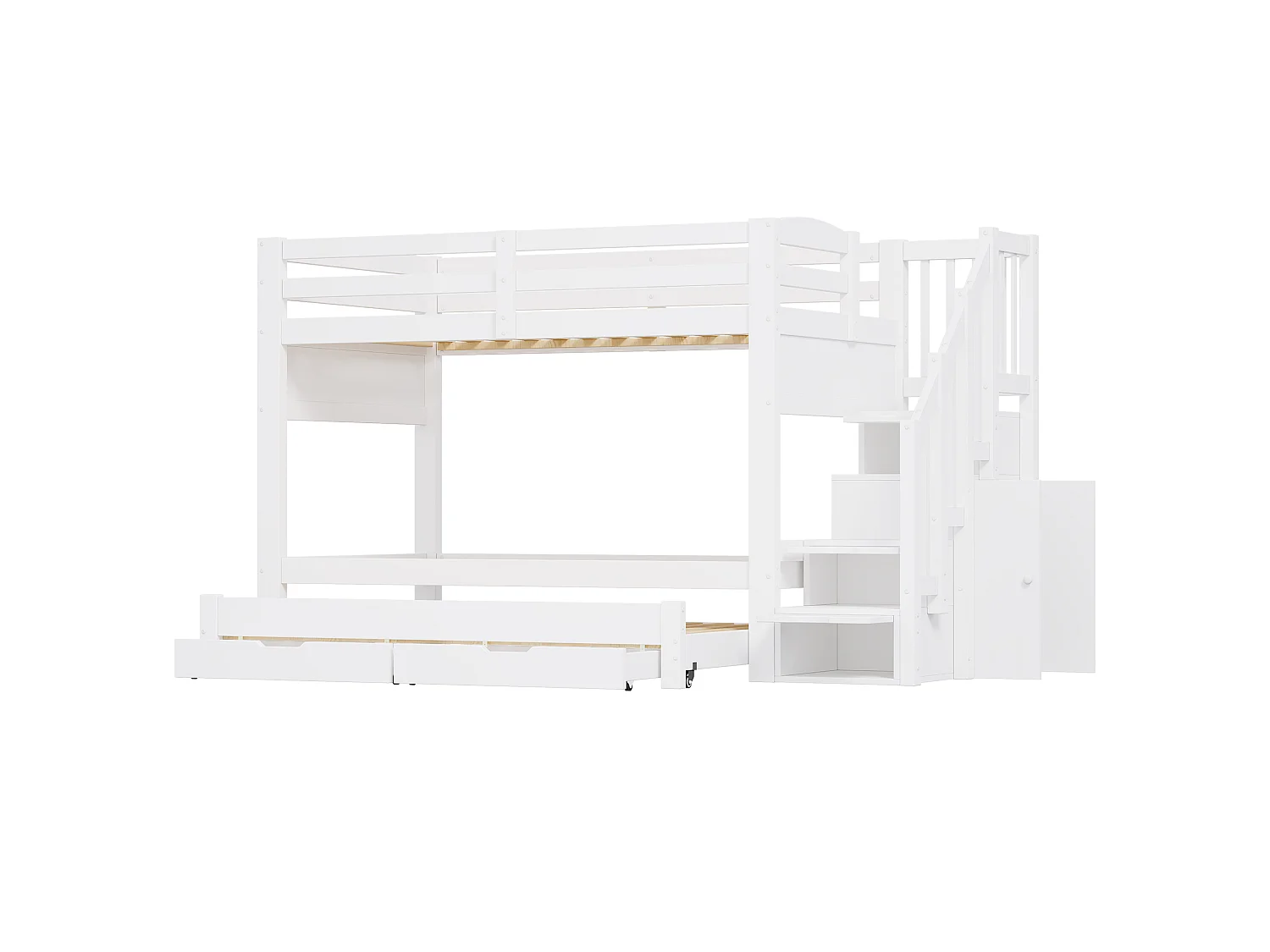 Beliche 2 x 90 x 200 cm com cama auxiliar, 2 gavetas, escada com 4 espaços de armazenamento e guarda-roupa - MDF e pinho - Branco