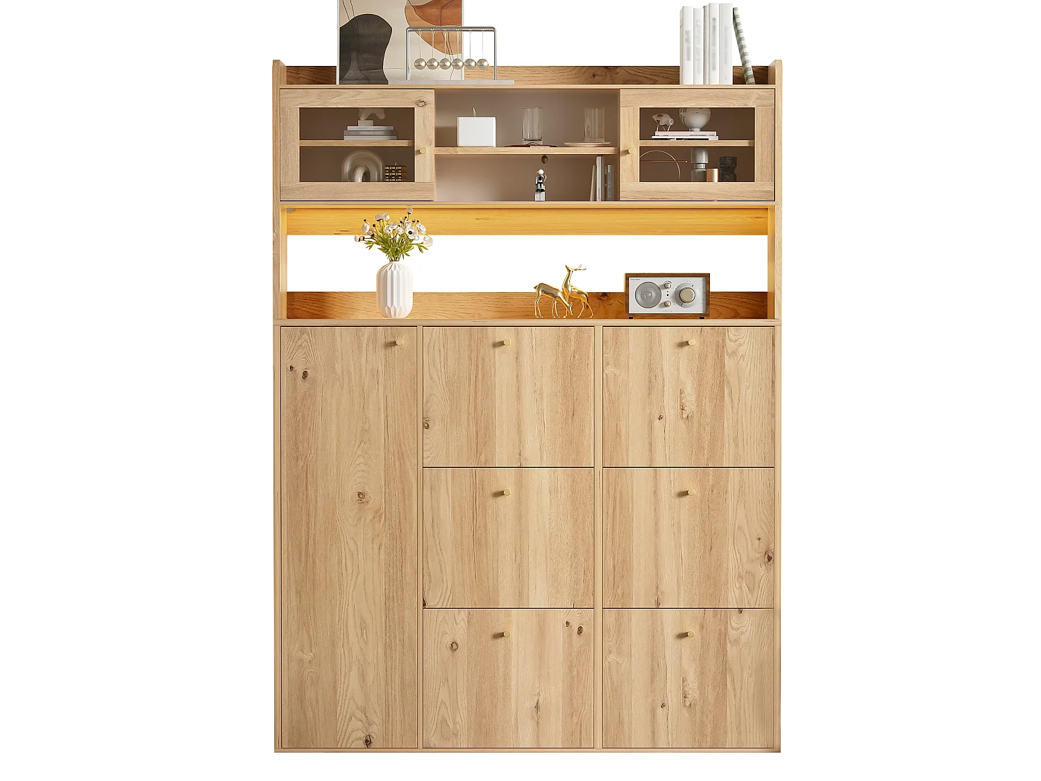 Skoskab med 9 døre, inklusive 6 drop-down døre, 2 glasdøre og LED-belysning - Spånplade - 130 x 25 x 85 cm - Natur