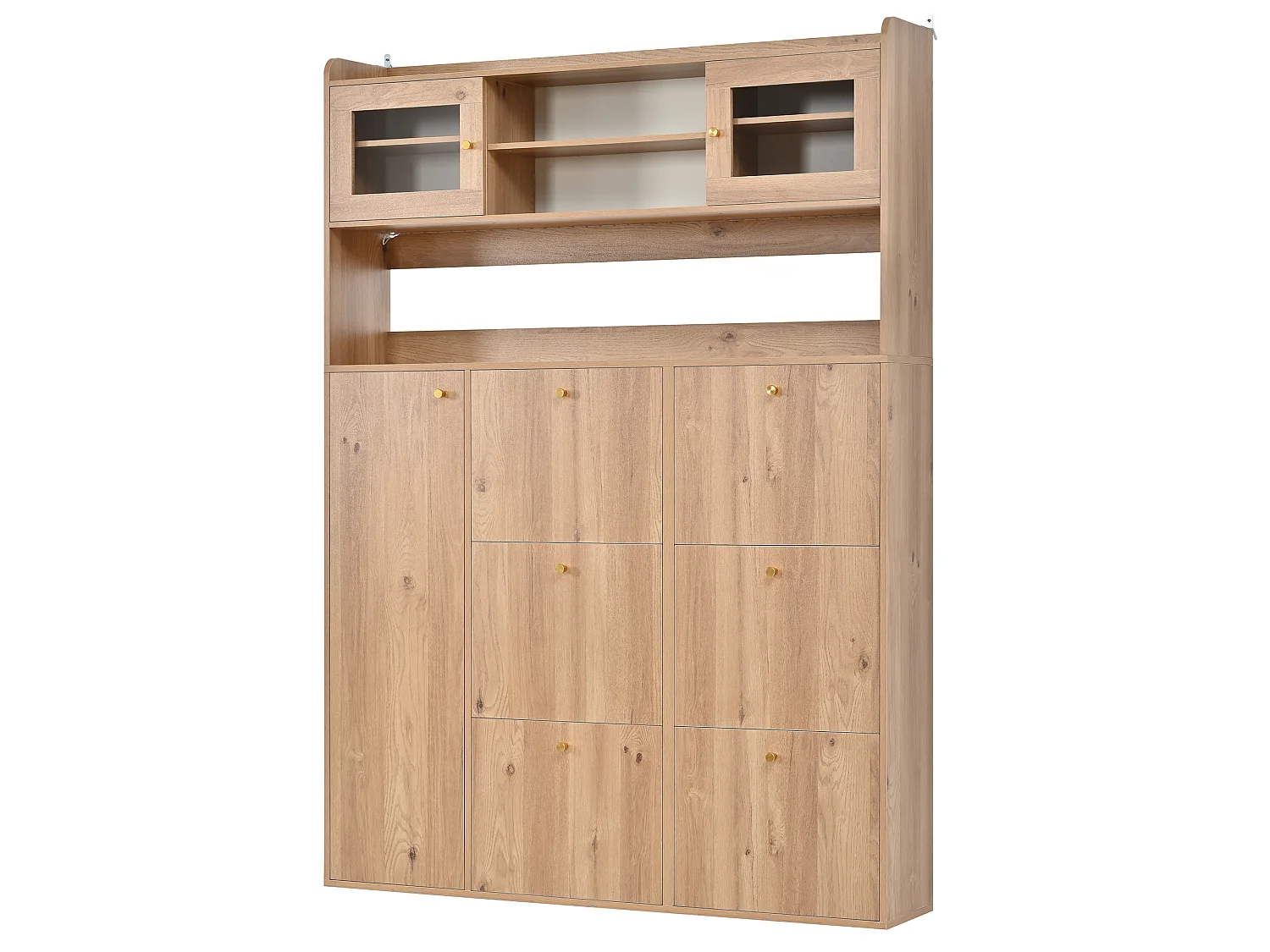 Skoskab med 9 døre, inklusive 6 drop-down døre, 2 glasdøre og LED-belysning - Spånplade - 130 x 25 x 85 cm - Natur