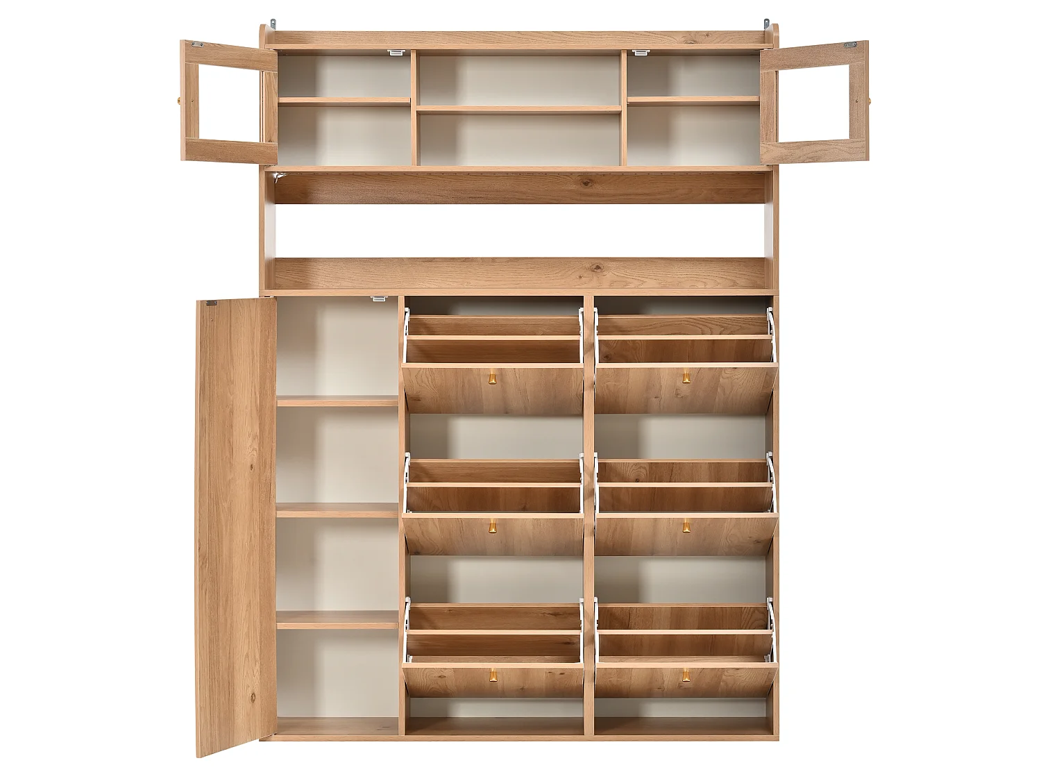 Skoskab med 9 døre, inklusive 6 drop-down døre, 2 glasdøre og LED-belysning - Spånplade - 130 x 25 x 85 cm - Natur