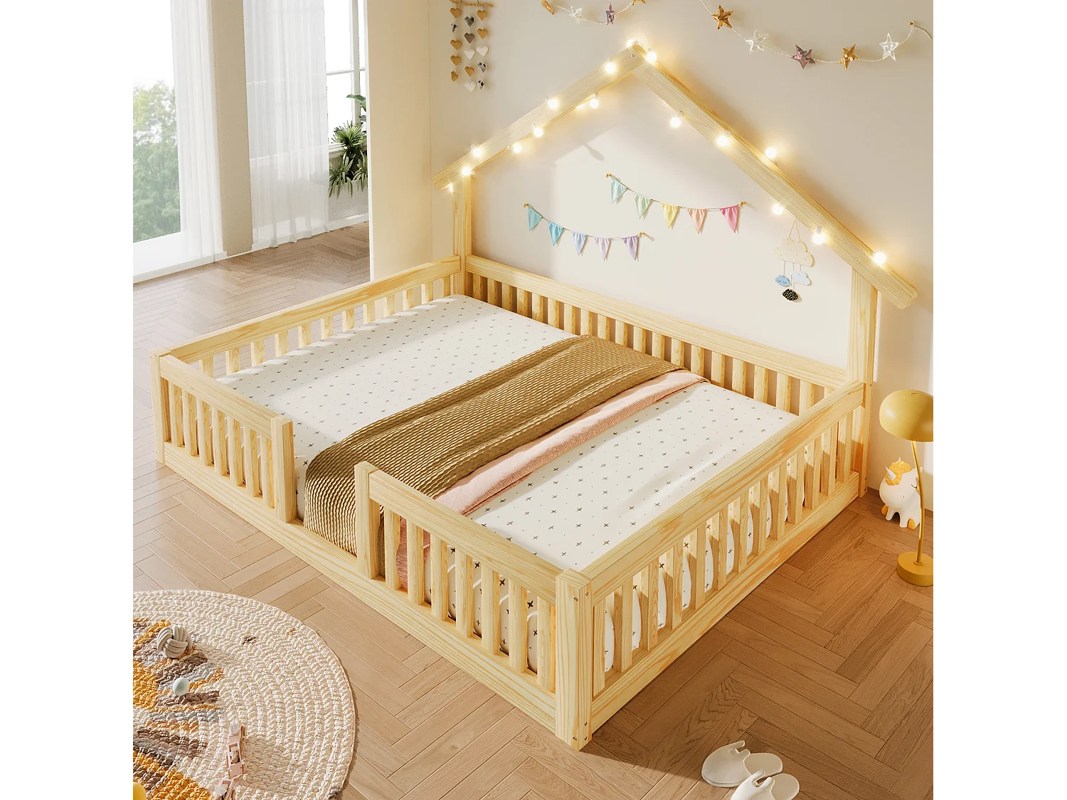 Lit cabane 140 x 200 cm avec barrières de sécurité et guirlande LED - MDF + Pin - Naturel (Sans matelas)