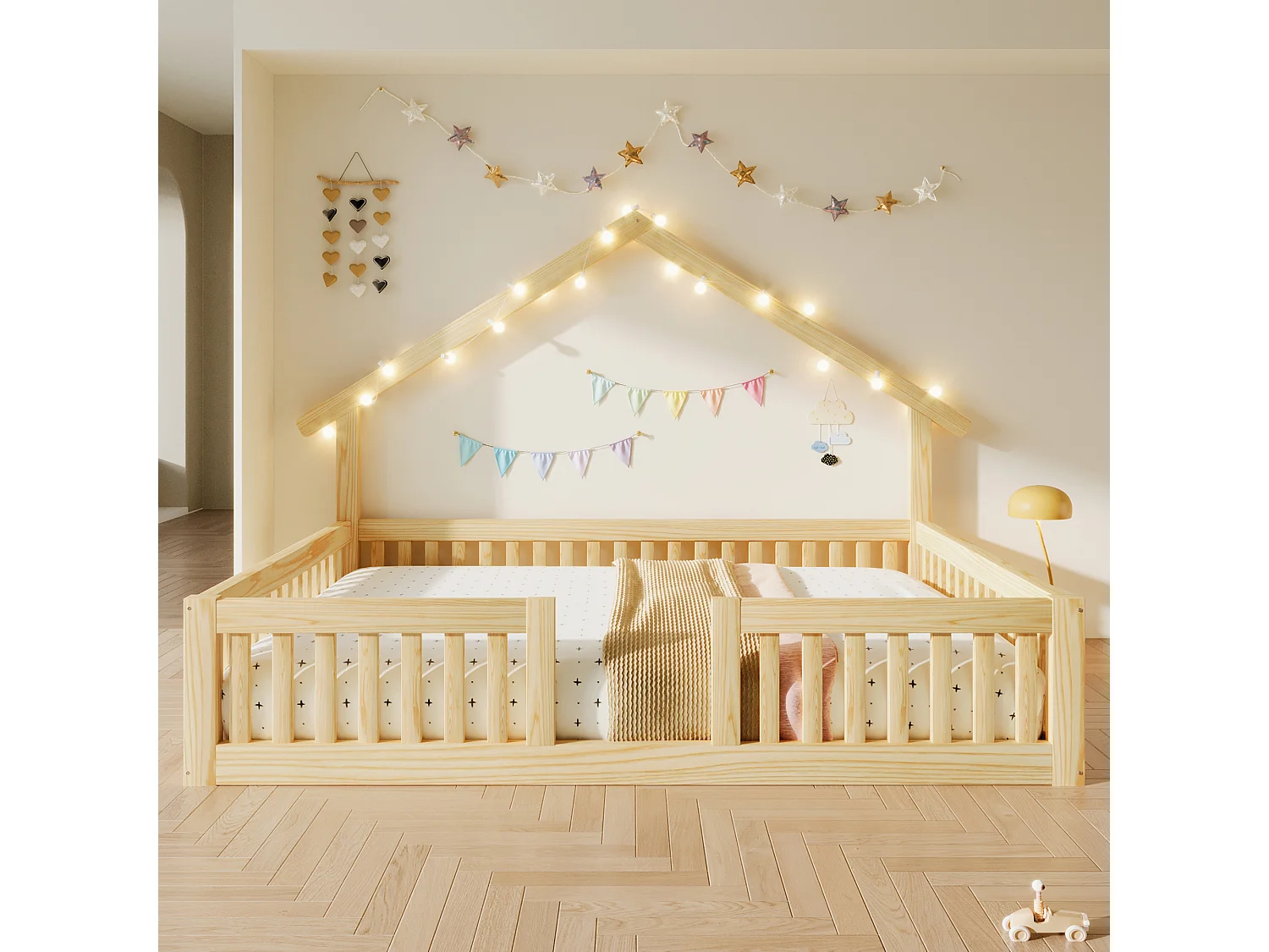 Lit cabane 140 x 200 cm avec barrières de sécurité et guirlande LED - MDF + Pin - Naturel (Sans matelas)