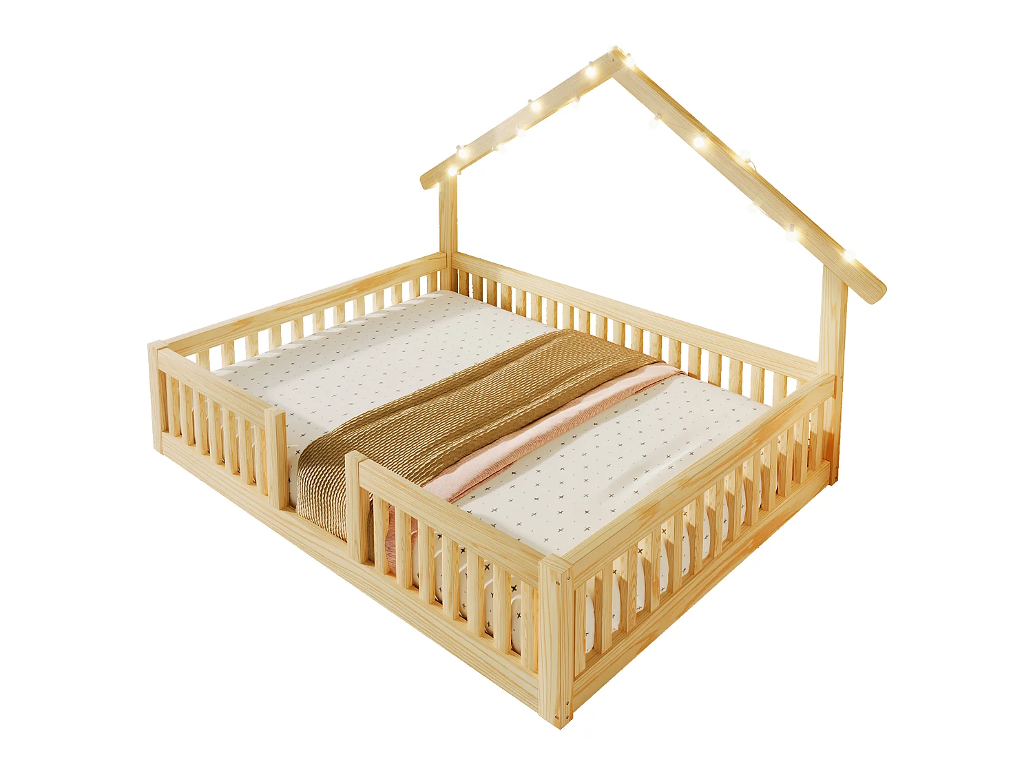 Lit cabane 140 x 200 cm avec barrières de sécurité et guirlande LED - MDF + Pin - Naturel (Sans matelas)