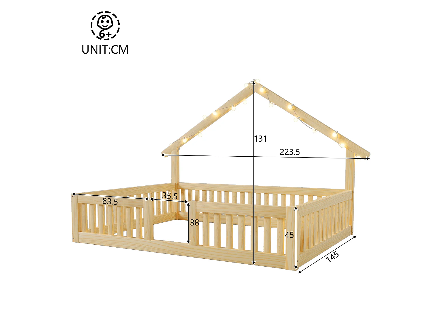 Lit cabane 140 x 200 cm avec barrières de sécurité et guirlande LED - MDF + Pin - Naturel (Sans matelas)