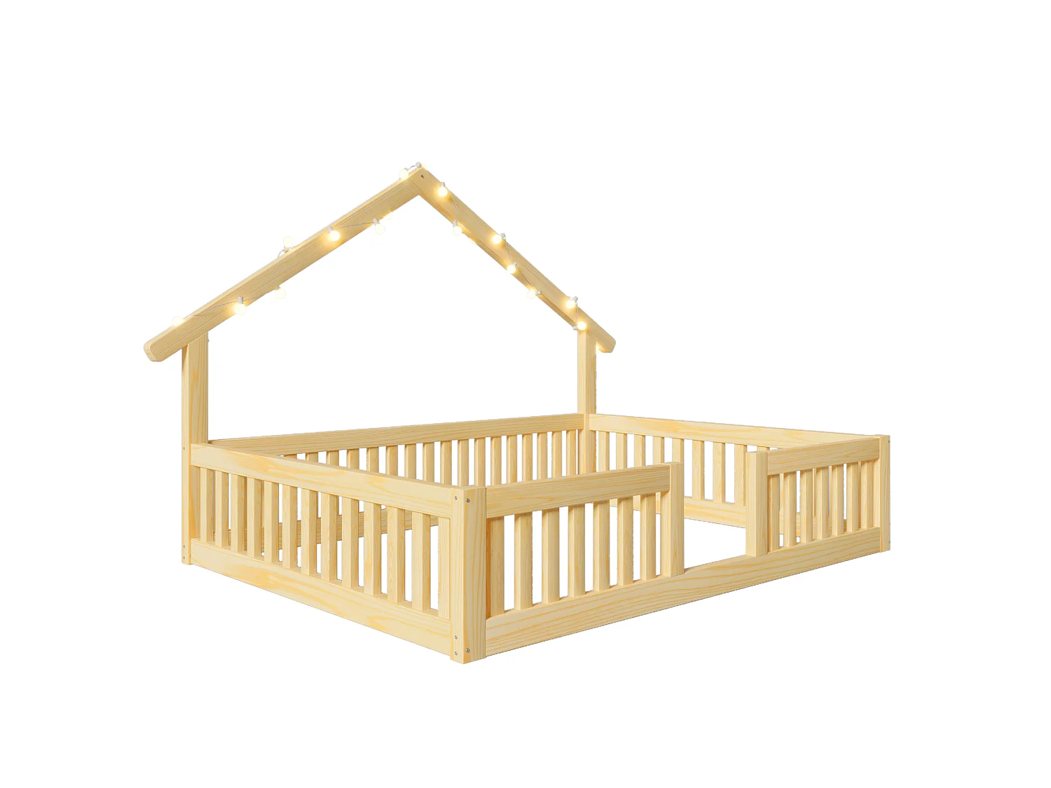 Lit cabane 140 x 200 cm avec barrières de sécurité et guirlande LED - MDF + Pin - Naturel (Sans matelas)