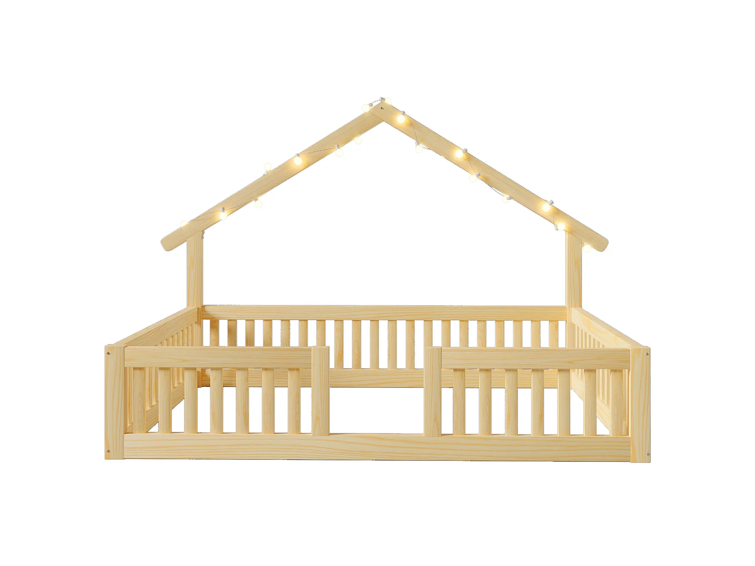 Lit cabane 140 x 200 cm avec barrières de sécurité et guirlande LED - MDF + Pin - Naturel (Sans matelas)