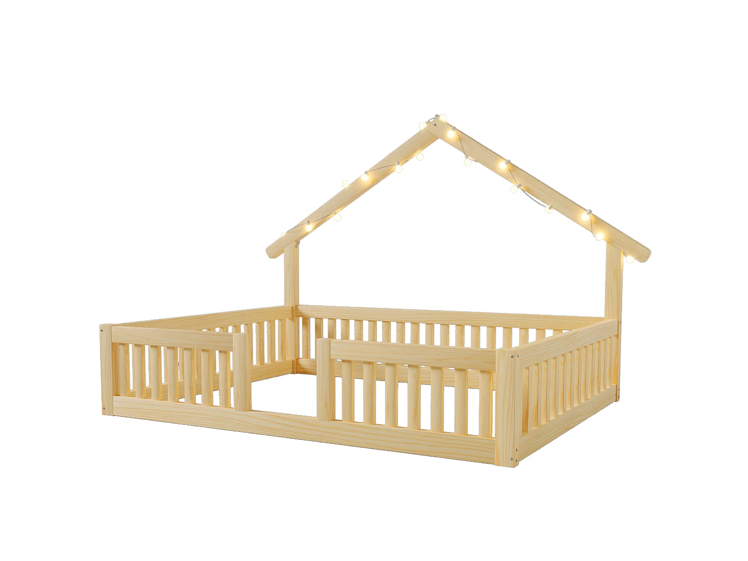 Lit cabane 140 x 200 cm avec barrières de sécurité et guirlande LED - MDF + Pin - Naturel (Sans matelas)