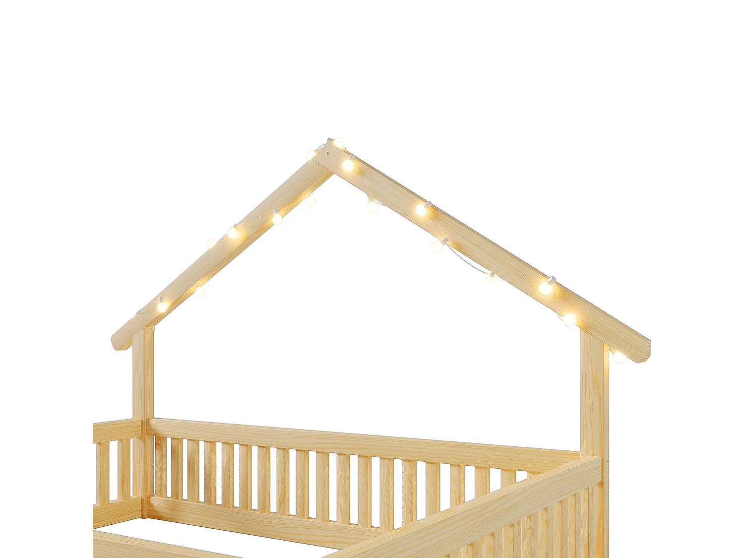 Lit cabane 140 x 200 cm avec barrières de sécurité et guirlande LED - MDF + Pin - Naturel (Sans matelas)