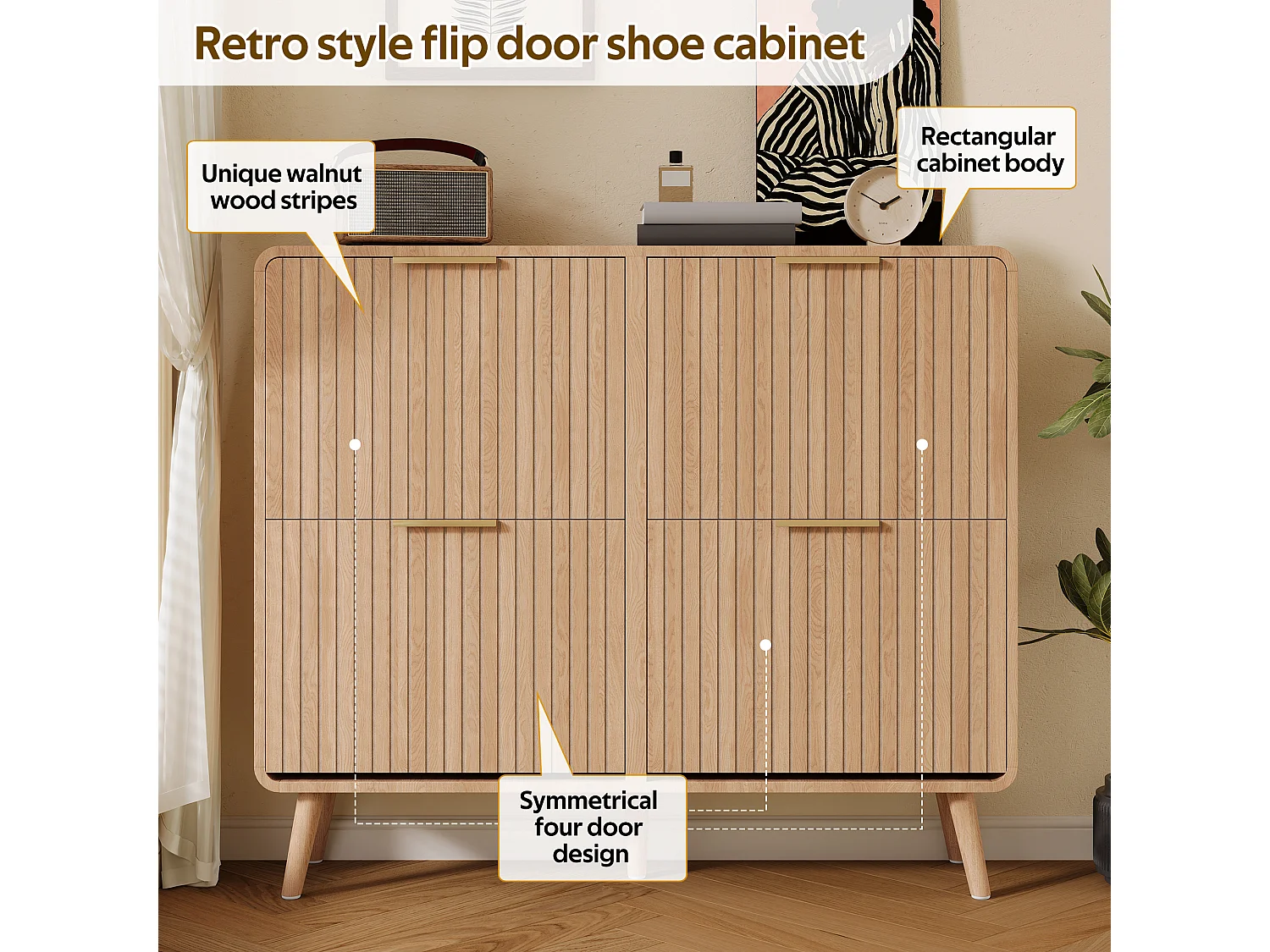 Skoskab med 4 låger - 105 x 24 x 90 cm - Plads til 18 til 24 par - MDF - Natur