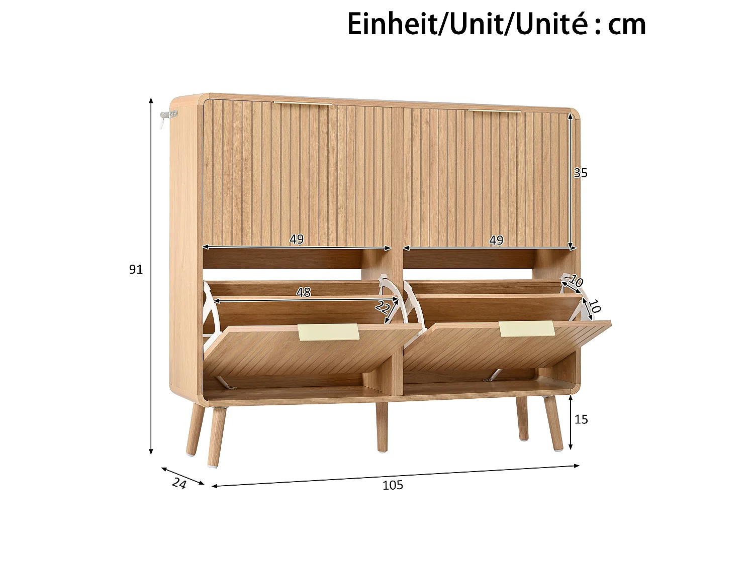 Skoskab med 4 låger - 105 x 24 x 90 cm - Plads til 18 til 24 par - MDF - Natur