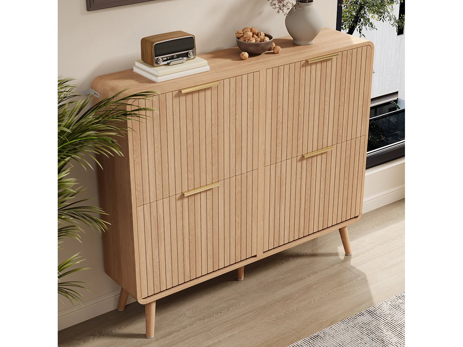 Skoskab med 4 låger - 105 x 24 x 90 cm - Plads til 18 til 24 par - MDF - Natur