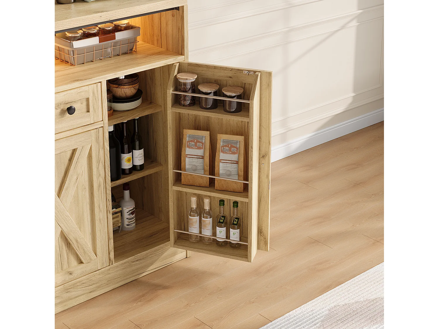 Kitchen sideboard with LED lighting, 1 drawer, door shelves and 4 barn doors - MDF - 140 x 35 x 95 cm - Natural