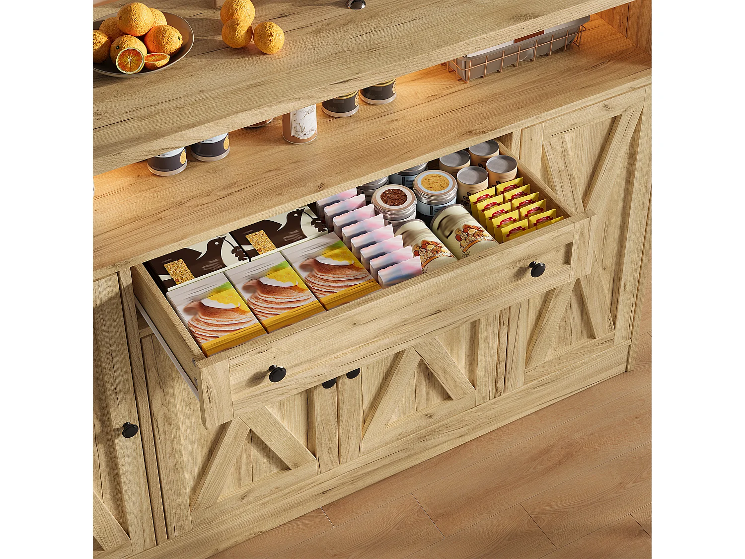 Kitchen sideboard with LED lighting, 1 drawer, door shelves and 4 barn doors - MDF - 140 x 35 x 95 cm - Natural