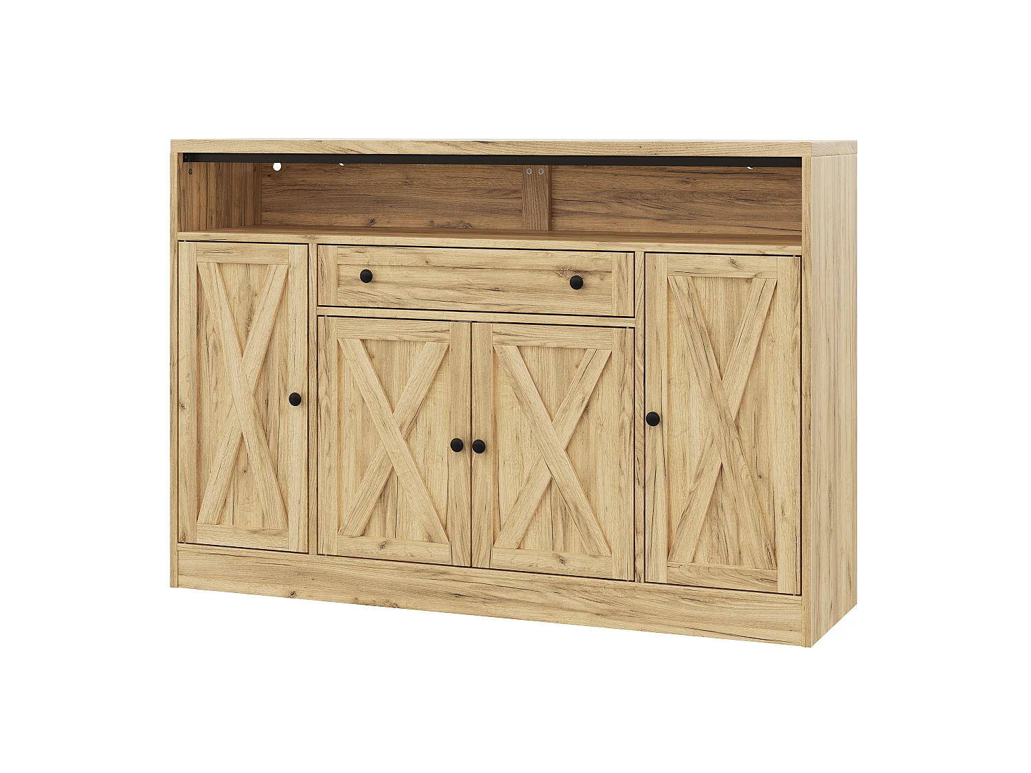 Kitchen sideboard with LED lighting, 1 drawer, door shelves and 4 barn doors - MDF - 140 x 35 x 95 cm - Natural