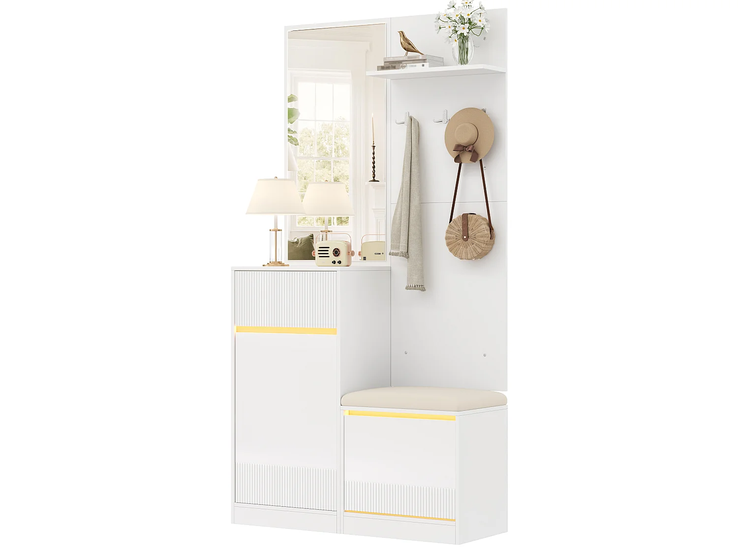 Schoenenkast met spiegel, bankje, haken, 2 deuren, 1 lade en ledverlichting - MDF en spaanplaat - 105 x 38 x 190 cm - Wit
