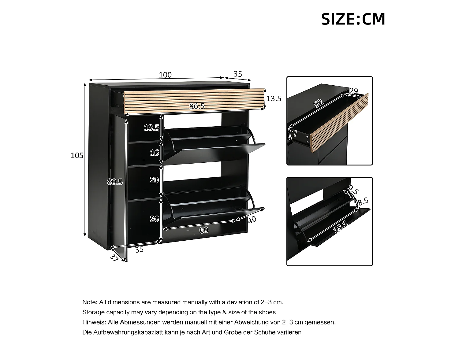 Scarpiera con 2 ante a ribalta, 1 anta, 1 cassetto - MDF e truciolato - 100 x 35 x 105 cm - Nero e naturale