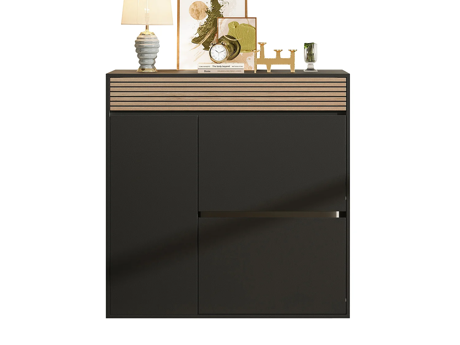 Scarpiera con 2 ante a ribalta, 1 anta, 1 cassetto - MDF e truciolato - 100 x 35 x 105 cm - Nero e naturale