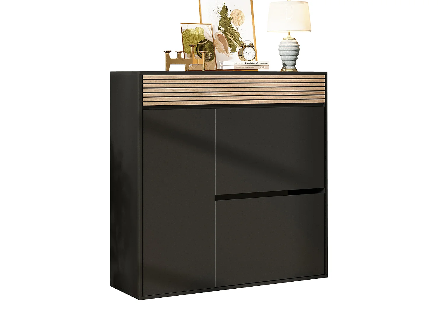 Scarpiera con 2 ante a ribalta, 1 anta, 1 cassetto - MDF e truciolato - 100 x 35 x 105 cm - Nero e naturale